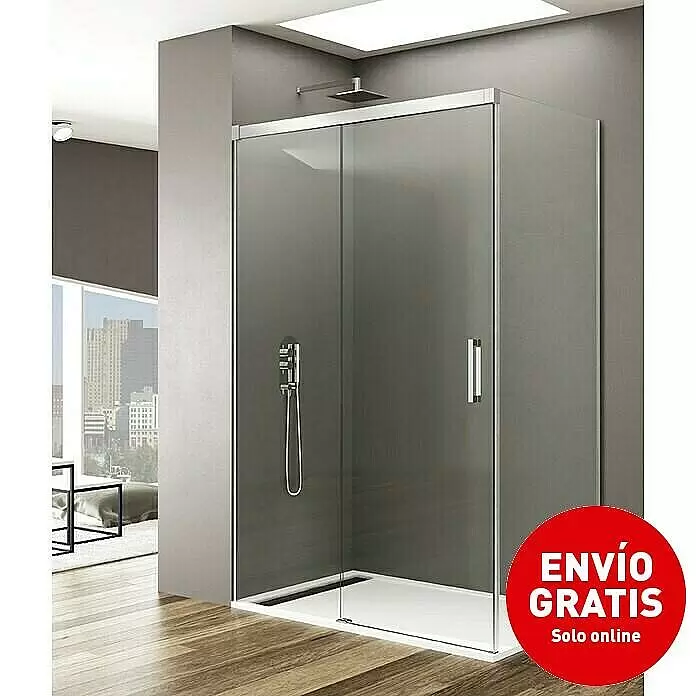 GME Mampara de ducha esquinera Basic Plus - L x An x Al: 90 x 150 x 195 cm, Vidrio transparente, Plata brillo - Mampara de ducha moderna con paneles de cristal transparente, accesorios cromados y plato de ducha blanco en un baño.