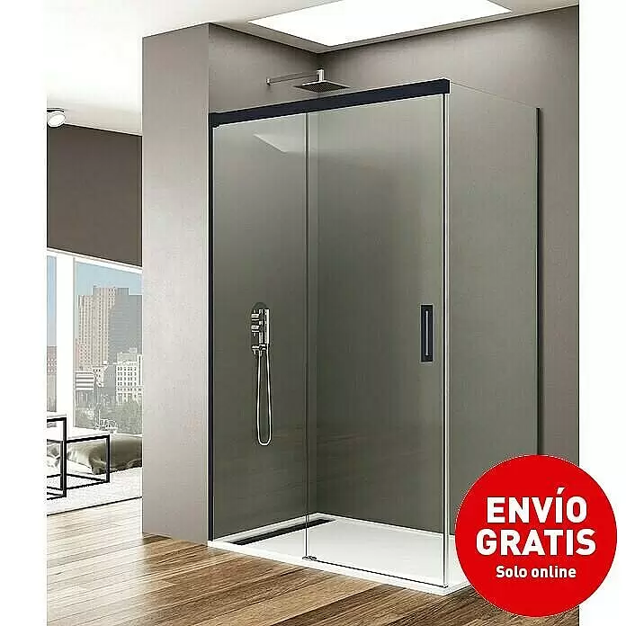 GME Mampara de ducha esquinera Basic Plus - L x An x Al: 90 x 175 x 195 cm, Vidrio transparente, Negro - Mampara de ducha moderna con perfil oscuro, cristal transparente, plato de ducha blanco, rociador y ducha de mano, en un baño contemporáneo.