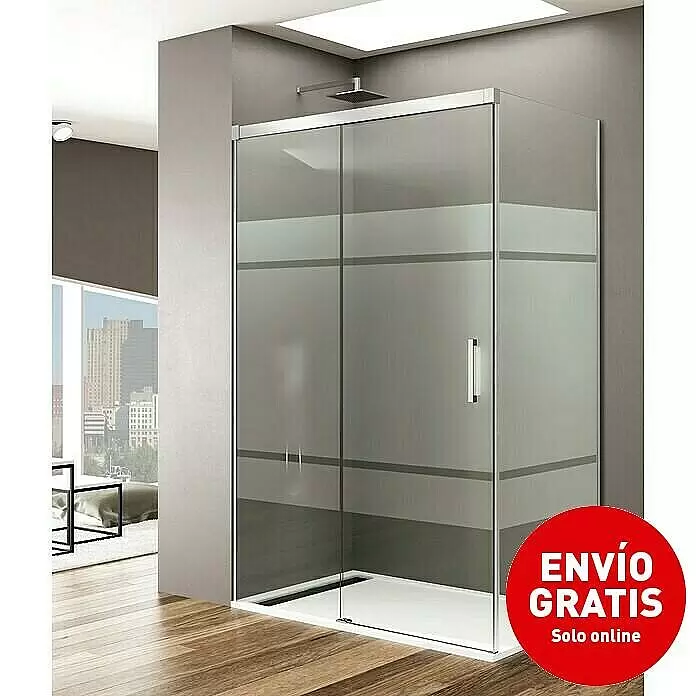 GME Mampara de ducha frontal Basic - L x An x Al: 90 x 160 x 195 cm, Vidrio serigrafiado, Plata brillo - Mampara de ducha moderna con puertas correderas de cristal esmerilado, marco cromado y plato de ducha blanco en un baño.