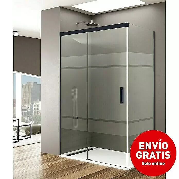 GME Mampara de ducha frontal Basic - L x An x Al: 80 x 170 x 195 cm, Vidrio serigrafiado, Negro - Mampara de ducha moderna con marco oscuro, paneles de cristal esmerilado a rayas y plato de ducha blanco, en un baño elegante.