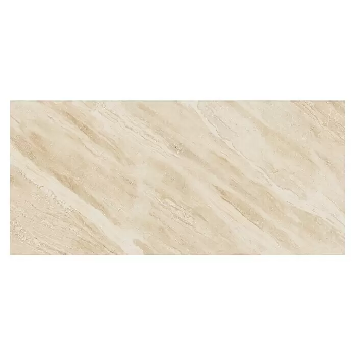 Feinsteinzeugfliese Breccia Diano - 60 x 120 cm, Beige, Glänzend - Beigefarbene Marmorfliese mit diagonalen hellbraunen Äderungen, geeignet für Böden oder Wände.