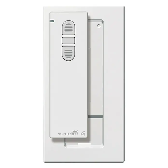 Schellenberg Control remoto con 1 canal - Blanco, Específico para: Enrollador de cable para persianas Schellenberg - Primer plano de un producto de domótica Schellenberg con un botón blanco para controlar persianas enrollables.