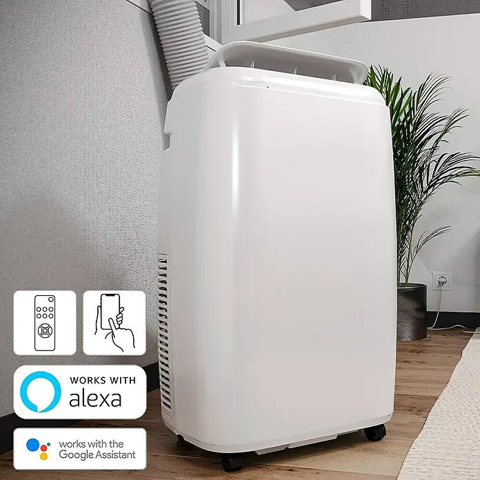 Proklima Mobiles Klimagerät WiFi - 2.500 W, Raumgröße: 24 m², Weiß - Tragbare Klimaanlage mit Alexa- und Google Assistant-Unterstützung, inklusive Fernbedienung für bequeme Steuerung.