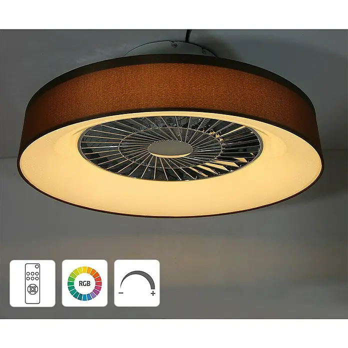 Voltomat Deckenventilator mit LED-Beleuchtung - Braun/Silber, 57 cm, 40 W - Moderne Deckenleuchte mit Ventilator, braunem Lampenschirm und Fernbedienung für Helligkeit und RGB-Farben.