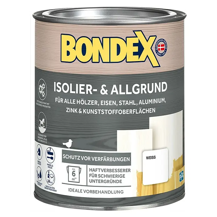 Bondex Isolier- & Allgrund - Weiß, 750 ml - Farbdose Bondex Isolier- & Allgrund, ideal für Holz, Eisen, Stahl, Aluminium, Zink & Kunststoffoberflächen. Schutz vor Verfärbungen, Farbe Weiß.