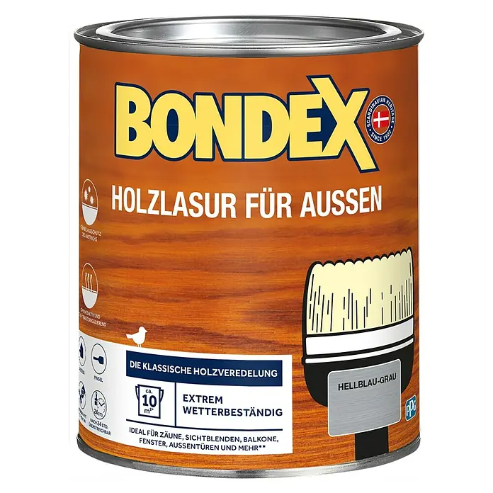 Bondex Holzlasur für Außen - Hellblaugrau, 750 ml, Seidenmatt - Außenholzlasur von Bondex im hellblau-grauen Farbton. Ideal für Zäune, Balkone und mehr. Schützt und verschönert Holzoberflächen.