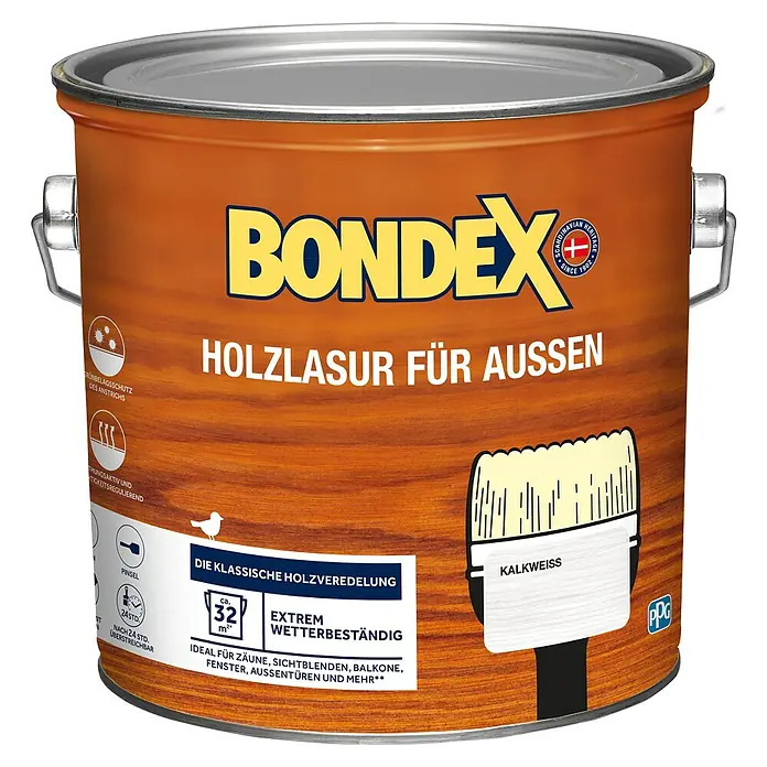 Bondex Holzlasur für AußenKalkweiß, Seidenmatt, 2,5 l, Lösemittelbasiert - Dose Bondex Holzlasur für Aussen, Farbton Kalkweiss. Ideal für Zäune, Balkone, Fenster und Aussentüren. Extrem wetterbeständig.
