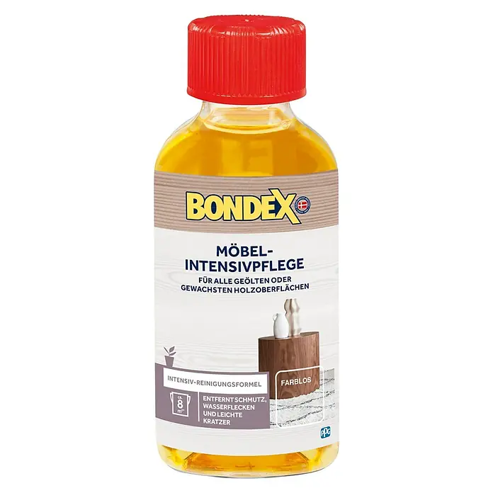 Bondex Möbelpflege Intensiv - 150 ml - Eine Flasche Bondex Möbel-Intensivpflege, ein farbloses Reinigungsmittel für geölte oder gewachste Holzoberflächen.