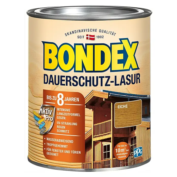 Bondex Holzlasur - Eiche, 750 ml, Glänzend - Dose Bondex Dauerschutz-Lasur Eiche, ein Holzschutz für langanhaltenden Schutz und eine schöne Eichenholzoptik für Außenbereiche.