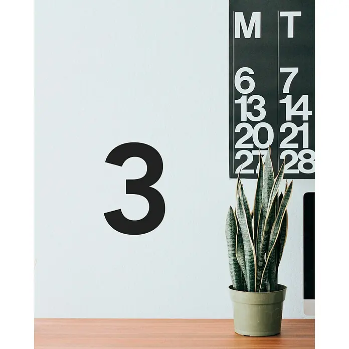 Vinilo de pared Número 3 - Número 3, Negro, 4 x 9 cm, 1 pzs. - Primer plano de un calendario minimalista con una planta en maceta en primer plano, enfatizando una estética limpia y sencilla.