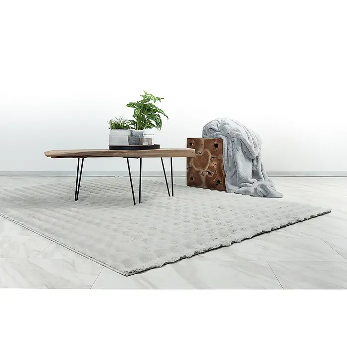 Hochflorteppich Harmony - Silber, 170 x 120 cm, 100 % Polyester (Flor) - Nahaufnahme eines weichen, hellgrauen Teppichs mit dezentem Muster, der eine gemütliche und stilvolle Atmosphäre im Raum schafft.