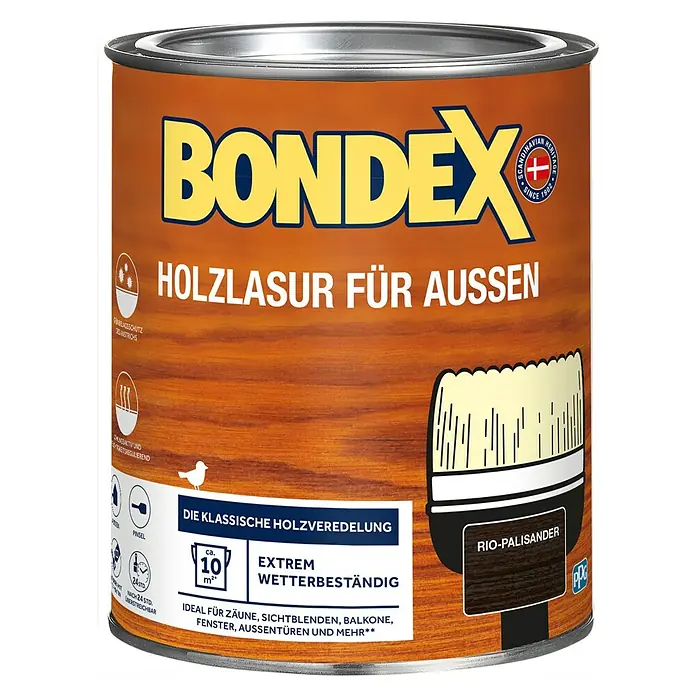 Bondex Holzlasur für Außen - Rio-Palisander, 750 ml, Seidenmatt - Farbdose Bondex Holzlasur für Aussen, Farbton Rio-Palisander. Für Zäune, Sichtblenden, Balkone, Fenster und Aussentüren.
