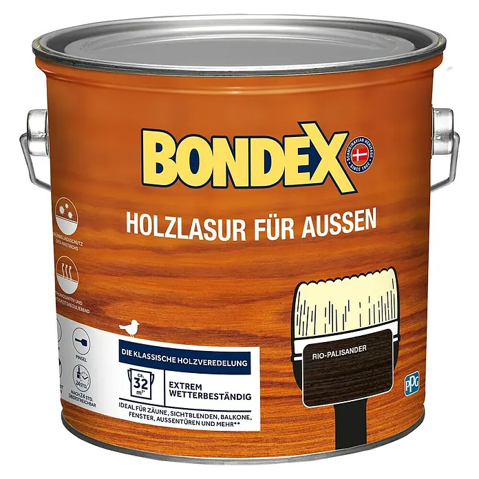 Bondex Holzlasur für Außen - Rio-Palisander, 2,5 l, Seidenmatt - Dose Bondex Holzlasur für Aussen, Farbe Rio-Palisander. Ideal für Zäune, Fenster und Balkone. Schützt das Holz vor Witterungseinflüssen.