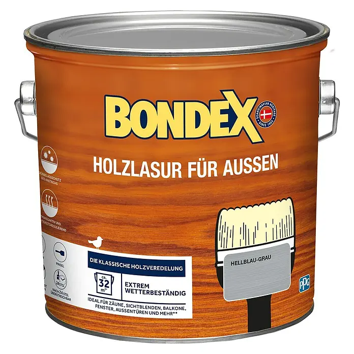 Bondex Holzlasur für Außen - Hellblaugrau, 2,5 l, Seidenmatt - Ein Eimer Bondex Holzlasur für den Außenbereich, Farbton Hellblau-Grau, ideal für Zäune, Balkone und mehr.