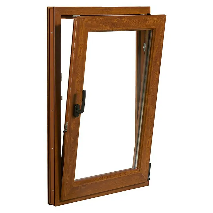 Solid Elements Ventana de PVC practicable-oscilobatiente - 60 x 70 cm, Derecha, Roble oscuro - Ventana oscilobatiente marrón con manilla negra y herraje visible, mostrada abierta.