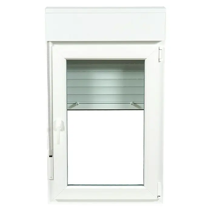 Solid Elements Ventana de PVC practicable-oscilobatiente - 70 x 118 cm, Derecha, Blanco - Una ventana blanca con una persiana enrollable parcialmente cerrada, la parte inferior de la ventana está abierta y luminosa.