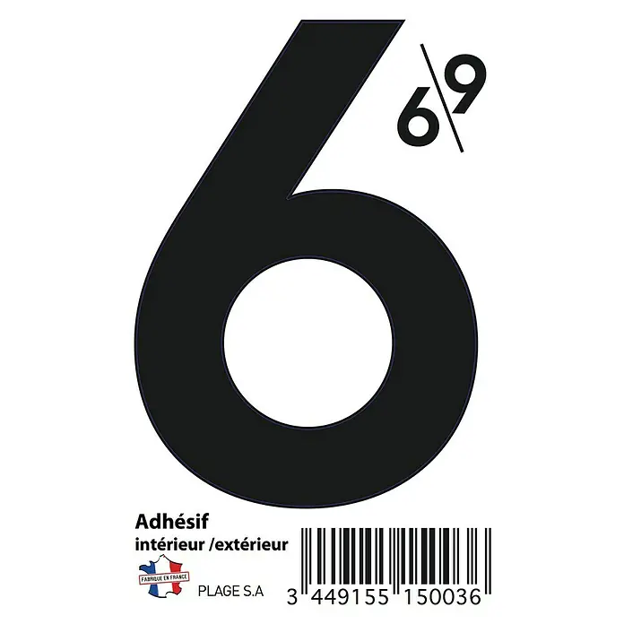 Vinilo de pared Número 6 - 4 x 9 cm, Negro, Plástico - Adhesivo "6" para interior/exterior con código de barras e información del fabricante. Perfecto para etiquetar y decorar.