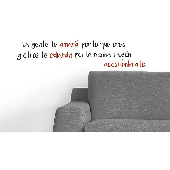 Vinilo de pared La Gente - 68 x 48 cm, Gris viejo, Plástico - Primer plano de un sofá gris contra una pared con una cita inspiradora en negro y rojo.