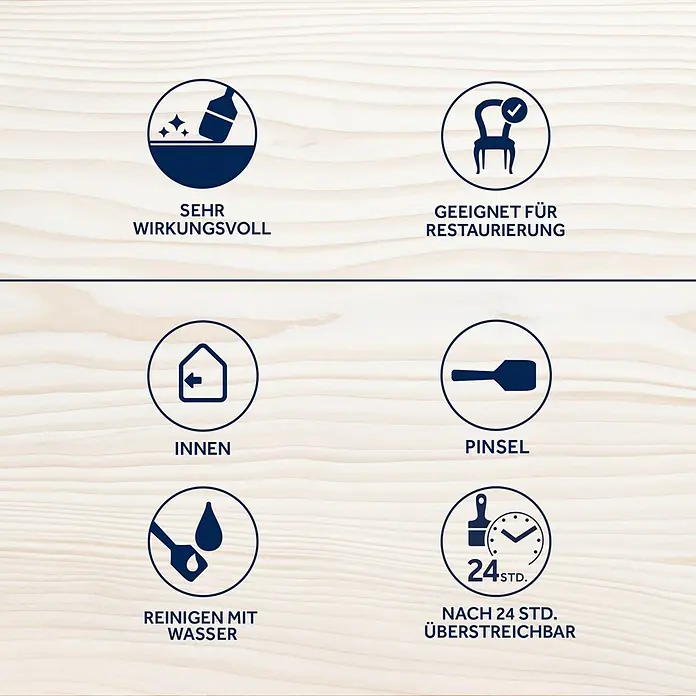 Bondex Holzwurm-Frei - 150 ml - Piktogramme, die die Eigenschaften des Produkts hervorheben: Wirksamkeit, Restaurierung, Innenanwendung, Pinsel, Reinigung mit Wasser, Überstreichbarkeit nach 24 Stunden.