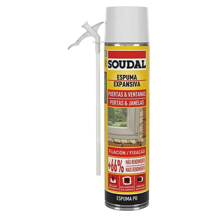 Soudal Adhesivo para montaje Expansiva para puerta y ventanas - Lata - Imagen de una lata de espuma de construcción Soudal para instalación de ventanas y puertas con gatillo, ideal para rellenar, aislar y montar.