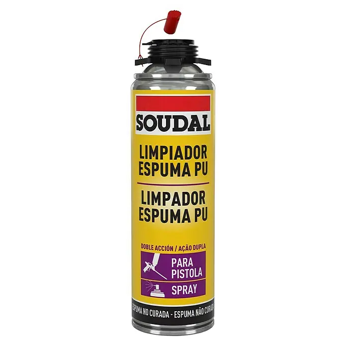 Eliminador de espuma PU no curada - 500 ml - Aerosol limpiador de espuma de poliuretano Soudal para la limpieza de pistolas de espuma de poliuretano y superficies de espuma fresca.