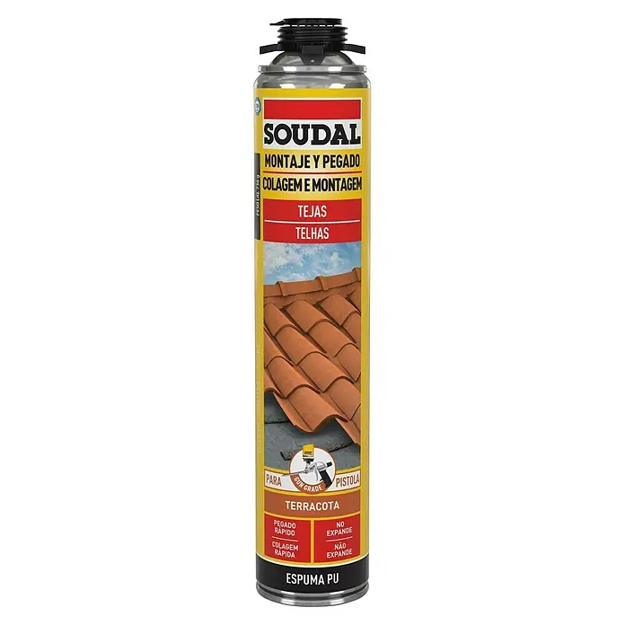 Soudal Adhesivo para montaje para pistola Tejas - Cartucho - Imagen del producto de una lata de adhesivo de montaje Soudal para tejas, ideal para una unión rápida y permanente de tejas de terracota.