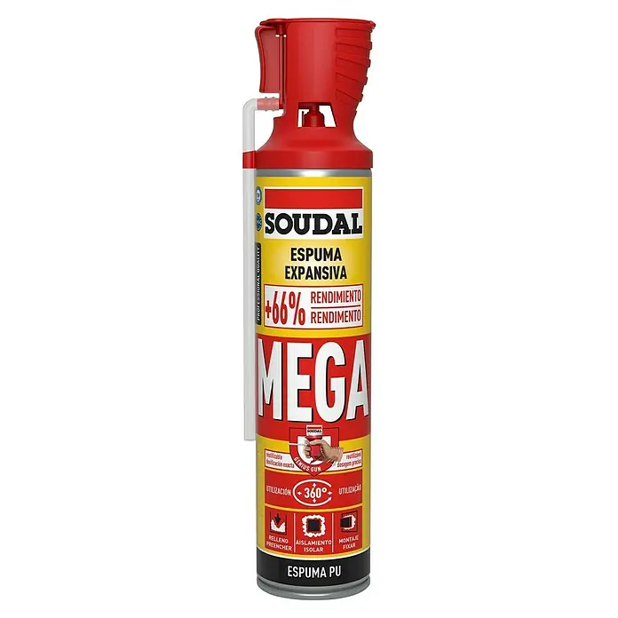 Soudal Adhesivo para montaje Mega - Lata - Imagen de una lata de espuma Soudal Mega, una espuma expansiva de poliuretano para trabajos de relleno, aislamiento y montaje con aplicador Genius Gun.