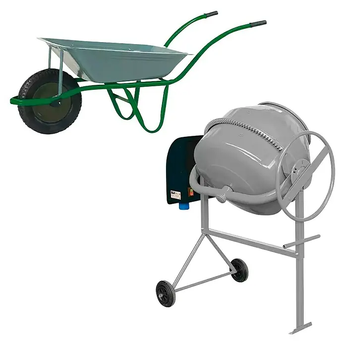 Altrad Hormigonera eléctrica ABS con carretilla de obra Pro galvanizada - 125 l, Acero - En la imagen se muestra una carretilla y una hormigonera. Estas herramientas son esenciales para la construcción.