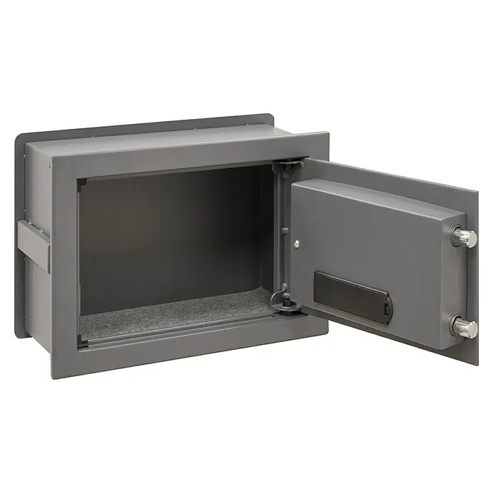 Arregui Caja fuerte empotrable Print - L x An x Al: 250 x 360 x 260 mm, Códigos de usuario, 11 l - Caja fuerte gris abierta, ideal para el almacenamiento seguro de objetos de valor en la oficina o en casa. Construcción sólida para óptima protección.