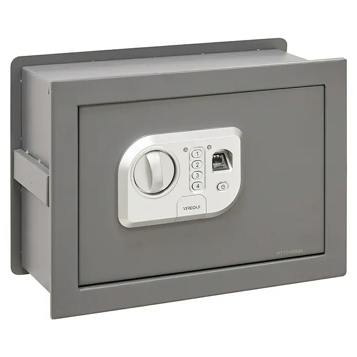 Arregui Caja fuerte empotrable Print - L x An x Al: 250 x 360 x 260 mm, Códigos de usuario, 11 l - Una caja fuerte gris con un panel de control blanco que incluye un pomo, botones numéricos y un escáner de huellas dactilares.