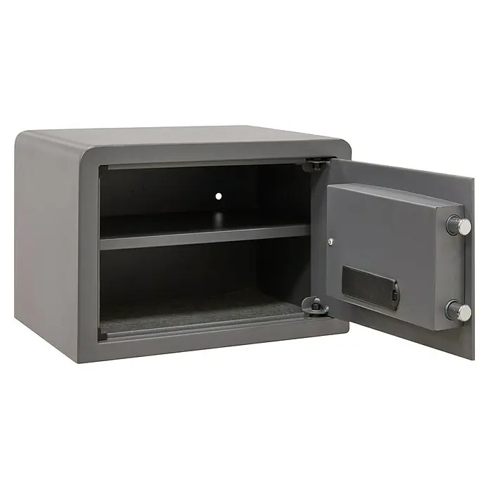 Arregui Caja fuerte Print - L x An x Al: 300 x 385 x 270 mm, Códigos de usuario, 24 l - Una caja fuerte gris abierta con dos estantes. Es robusta y segura, ideal para guardar objetos de valor.