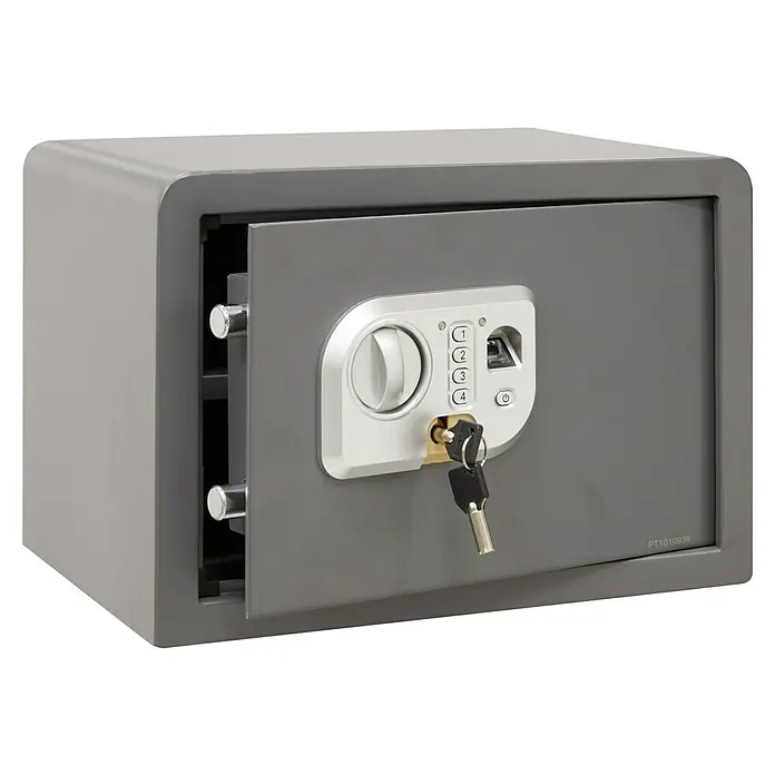 Arregui Caja fuerte Print - L x An x Al: 300 x 385 x 270 mm, Códigos de usuario, 24 l - Una caja fuerte gris con la puerta abierta, que incluye un bloqueo numérico, un escáner de huellas dactilares y una llave insertada.