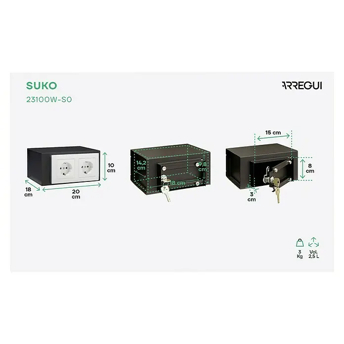 Arregui Caja fuerte empotrable Suko - L x An x Al: 180 x 200 x 100 mm, Llave, 2,5 l - Vista de una caja fuerte negra SUKO 23100W-SO con dimensiones, diseñada para guardar objetos de valor y documentos importantes.
