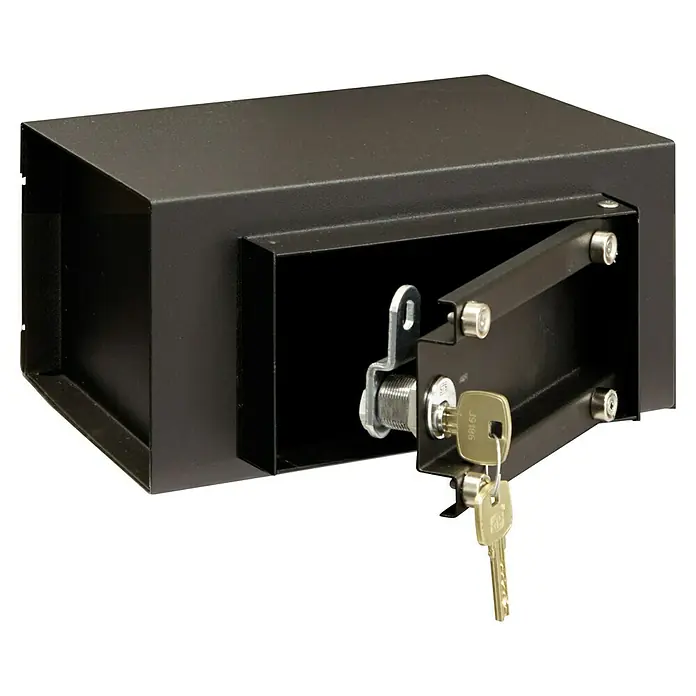 Arregui Caja fuerte empotrable Suko - L x An x Al: 180 x 200 x 100 mm, Llave, 2,5 l - Caja fuerte abierta con llaves, destacando las características de seguridad y el acceso a esta unidad de almacenamiento resistente.