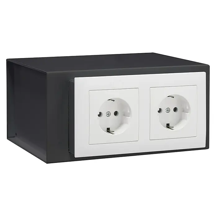 Arregui Caja fuerte empotrable Suko - L x An x Al: 180 x 200 x 100 mm, Llave, 2,5 l - Doble toma de corriente eléctrica en una caja gris de superficie con dos enchufes y marcos blancos para un uso flexible.