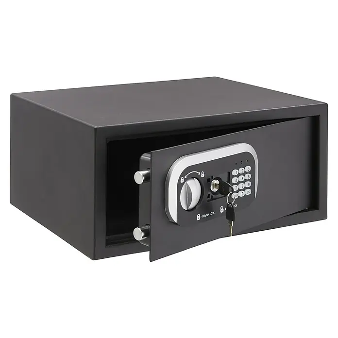 Arregui Caja fuerte para hotel Eco Resort S3 - L x An x Al: 350 x 430 x 200 mm, Códigos de usuario, 24 l - Una caja fuerte negra abierta con código digital y llave. La caja fuerte es ideal para guardar objetos de valor.
