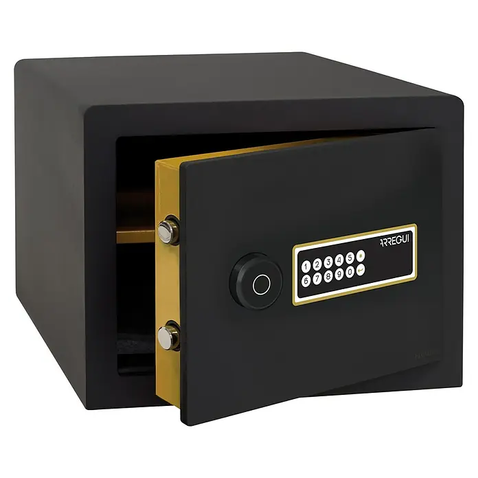 Arregui Caja fuerte Awa - L x An x Al: 385 x 420 x 320 mm, Códigos de usuario, 38 l - Caja fuerte negra Arregui con teclado digital y botón giratorio, presentada abierta. Almacenamiento seguro para objetos de valor en casa o en la oficina.