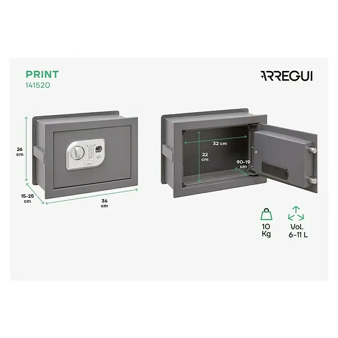 Arregui Caja fuerte empotrable Print - L x An x Al: 250 x 360 x 260 mm, Códigos de usuario, 11 l - Imagen de una caja fuerte Arregui gris, modelo Print 141520, con dimensiones de 36 x 26 x 15-25 cm y una capacidad de 6-11 L.