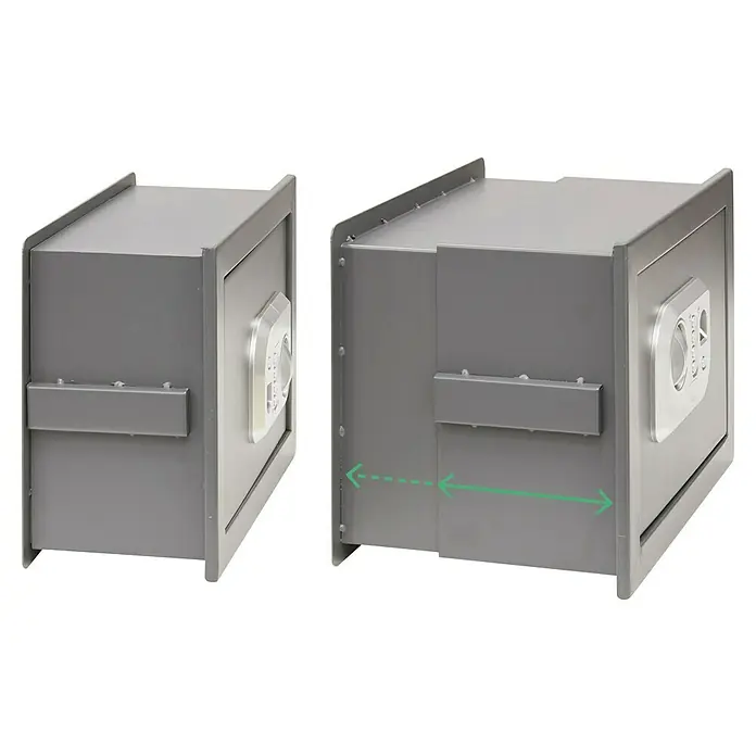 Arregui Caja fuerte empotrable Print - L x An x Al: 250 x 360 x 260 mm, Códigos de usuario, 11 l - Vista de dos cajas fuertes, una cerrada y la otra con un sistema de cajón abierto, ambas en gris.