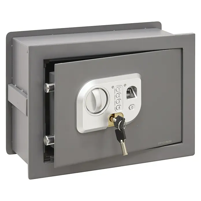 Arregui Caja fuerte empotrable Print - L x An x Al: 250 x 360 x 260 mm, Códigos de usuario, 11 l - Esta caja fuerte gris cuenta con un teclado digital, un botón giratorio y una cerradura con llave para mayor seguridad.