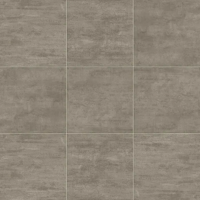 Atlas Concorde Solution Yorkshire Feinsteinzeugfliese Ash - 60 x 60 cm, Grau, Matt - Nahaufnahme von neun quadratischen, matten, braunen Keramikfliesen mit einer texturierten Oberfläche.