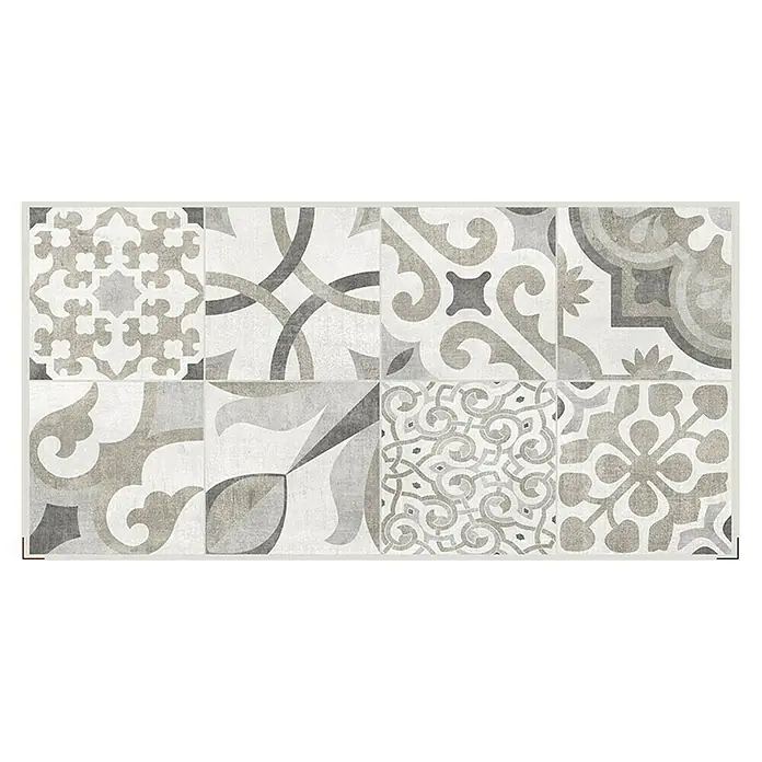 Atlas Concorde Solution Yorkshire Feinsteinzeugfliese Cementina - 30 x 60 cm, Grau Mix Dekor, Matt - Nahaufnahme von Vintage-Fliesen mit einem komplizierten geometrischen Design in Grau- und Beigetönen, ideal für stilvolle Boden- und Wandbeläge.