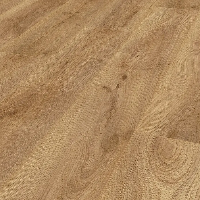 Krono Original Laminatmuster Organic Clever Heathland Oak - 297 x 195 x 6 mm, Landhausdiele - Detailaufnahme von Laminatboden in Holzoptik mit sichtbarer Maserung für ein warmes und natürliches Ambiente.
