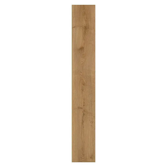 Krono Original Laminatmuster Organic Clever Heathland Oak - 297 x 195 x 6 mm, Landhausdiele - Nahaufnahme eines Eichenholzpaneels mit ausgeprägten Maserungen und einer warmen, natürlichen Farbgebung. Perfekt für stilvolle Bodenbeläge.