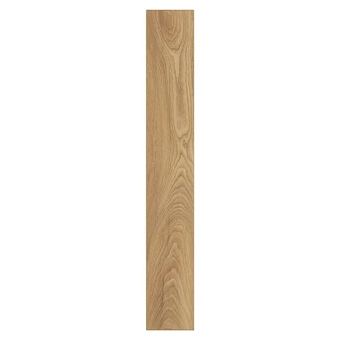LOGOCLIC Aquaprotect Smart Silent Laminat - Celli Oak, Landhausdiele, 1.288 x 195 x 7 mm - Detailaufnahme einer hellbraunen Holzdiele mit ausgeprägter Maserung, ideal für Bodenbeläge und Möbeldesign.\n