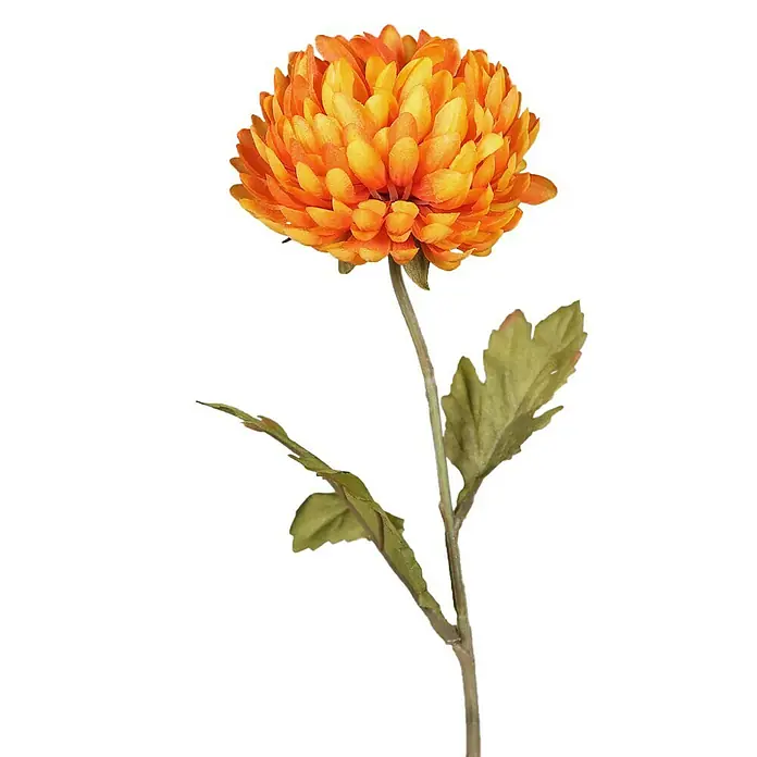 Kunstblume Chrysantheme - 60 cm, Orange, Kunststoff - Orange Chrysantheme mit grünem Stiel und Blättern. Die Chrysantheme ist üppig und rund.