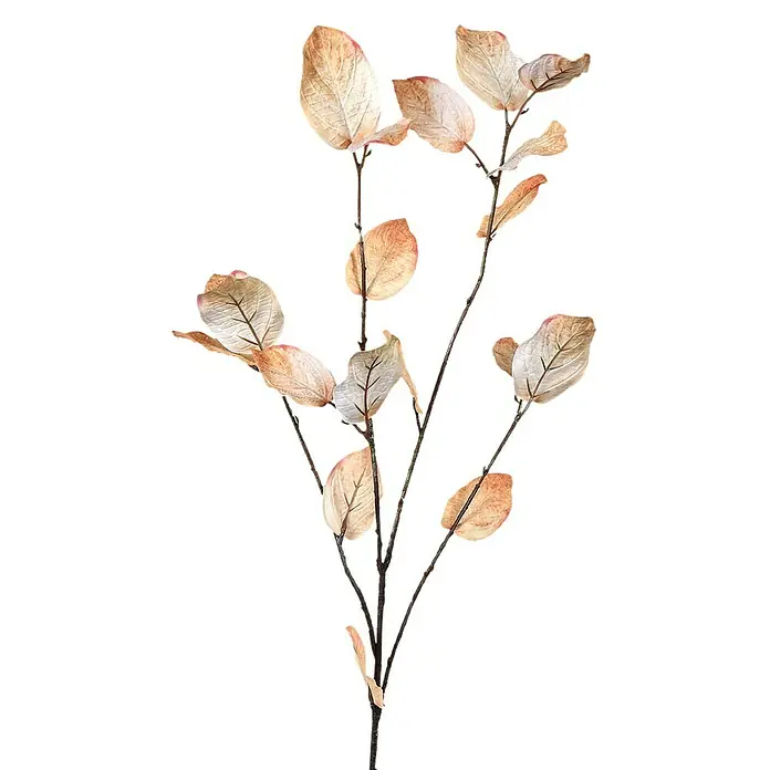 Kunstblume Laubzweig - 90 cm, Braun, Kunststoff - Dekorative Aufnahme eines künstlichen Herbstzweigs mit zarten Blättern in sanften Beige- und Rosatönen, isoliert auf einem eleganten, schwarzen Hintergrund.