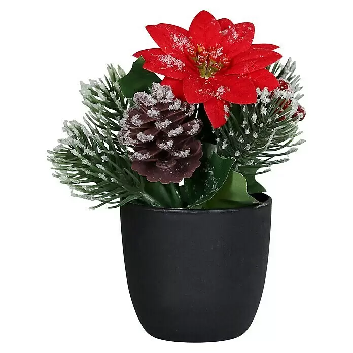 Kunstblume Poinsettia - 15 cm, Rot - Künstliche Weihnachtspflanze mit rotem Weihnachtsstern, bereiften Tannenzapfen, beschneitem Tannengrün und schwarzem Topf.