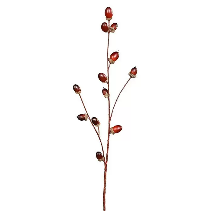 Kunstblume Eichelzweig - 80 cm, Braun, Kunststoff - Dekorativer Zweig mit mehreren rötlich-braunen Eicheln in texturierten Kappen.