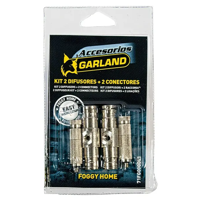 Garland Difusor con conector Foggy Home - Acero inoxidable, Plateado, 4 ud. - La imagen muestra un paquete que contiene dos difusores Garland y dos conectores para un sistema de nebulización.